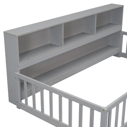 Twin Floor Bed with Bedside Bookcase,Shelves,Guardrails,Grey image 6