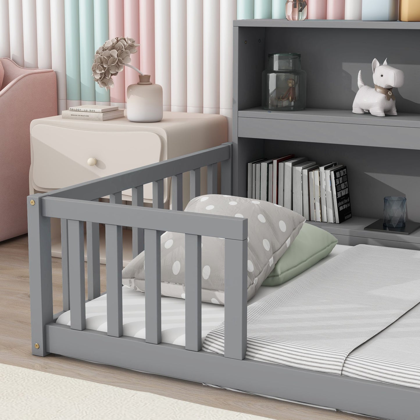 Twin Floor Bed with Bedside Bookcase,Shelves,Guardrails,Grey image 12