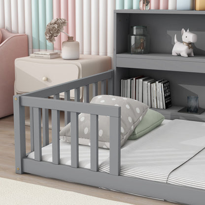 Twin Floor Bed with Bedside Bookcase,Shelves,Guardrails,Grey image 12