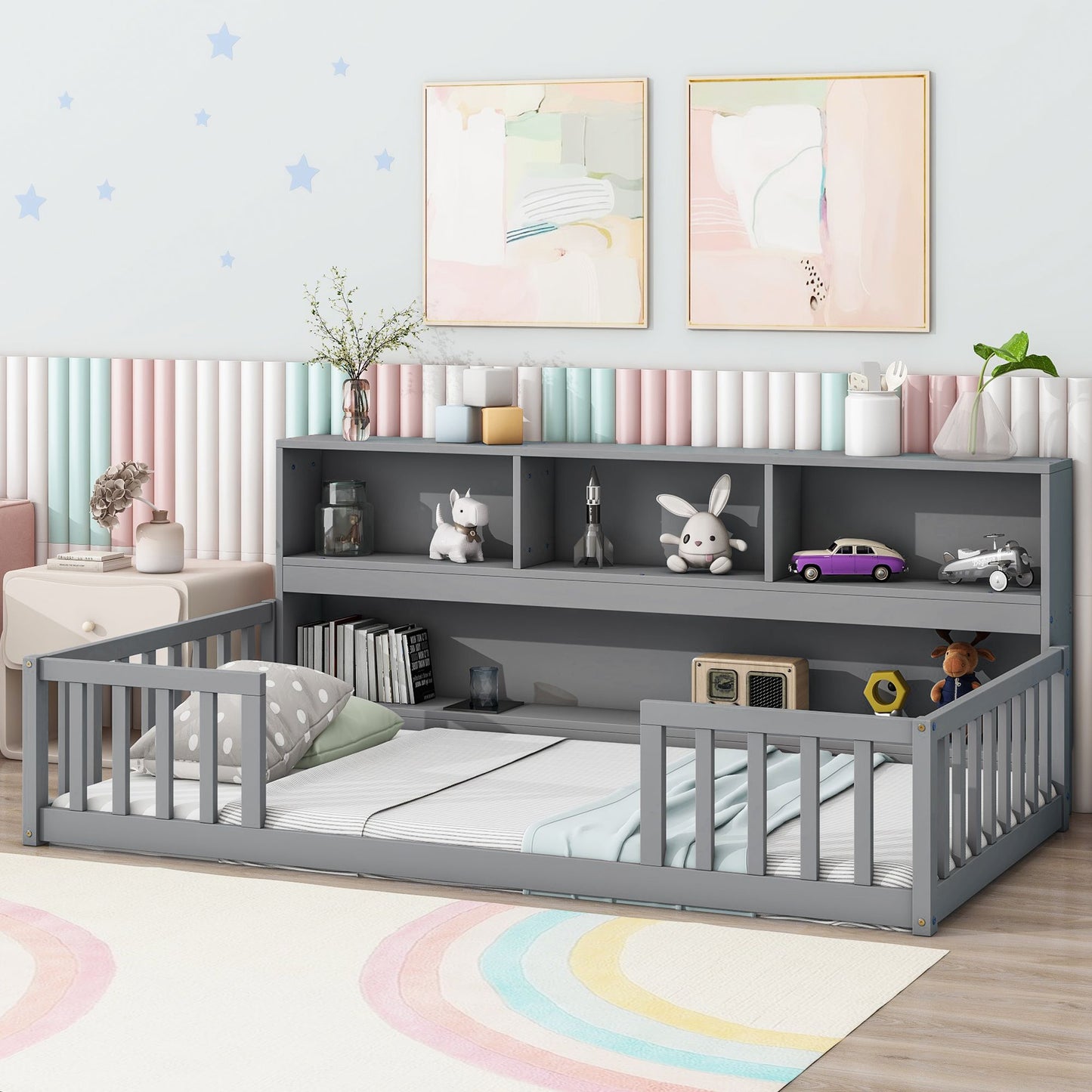 Twin Floor Bed with Bedside Bookcase,Shelves,Guardrails,Grey image 10