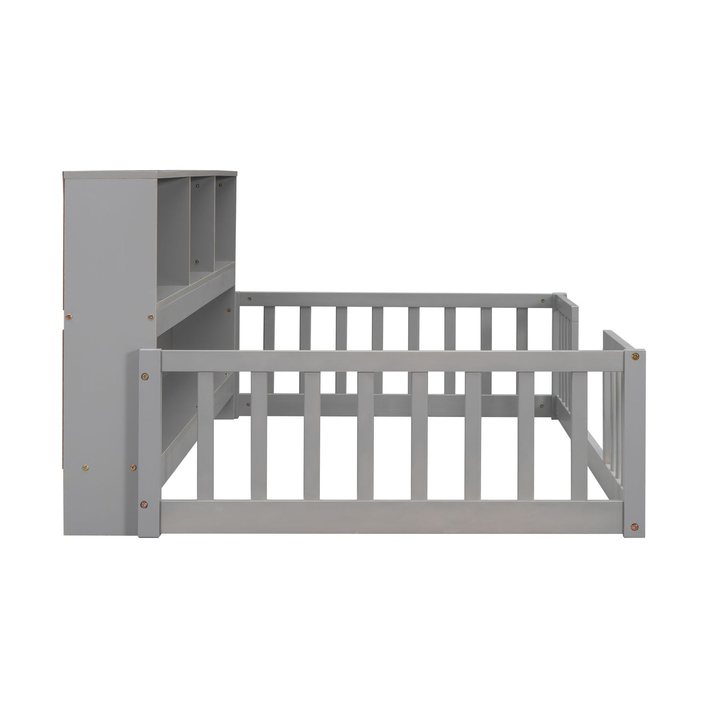 Twin Floor Bed with Bedside Bookcase,Shelves,Guardrails,Grey image 18