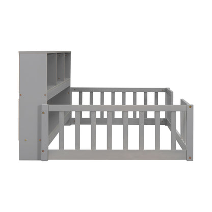 Twin Floor Bed with Bedside Bookcase,Shelves,Guardrails,Grey image 18