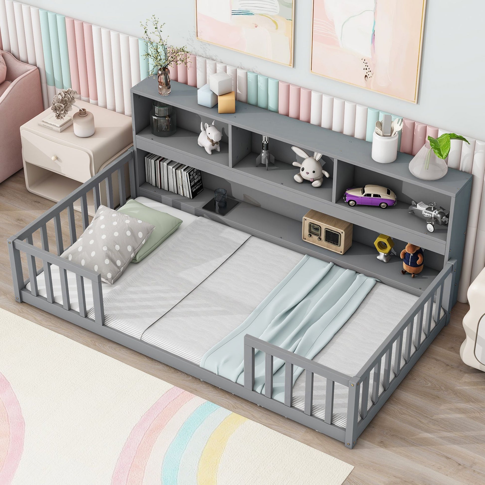Twin Floor Bed with Bedside Bookcase,Shelves,Guardrails,Grey image 11
