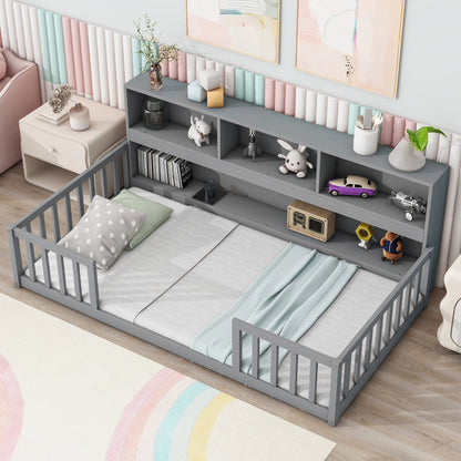 Twin Floor Bed with Bedside Bookcase,Shelves,Guardrails,Grey image 11