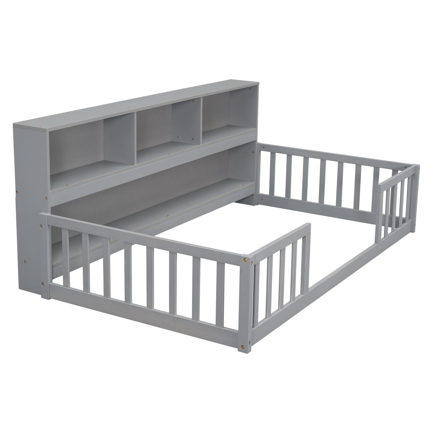 Twin Floor Bed with Bedside Bookcase,Shelves,Guardrails,Grey image 17