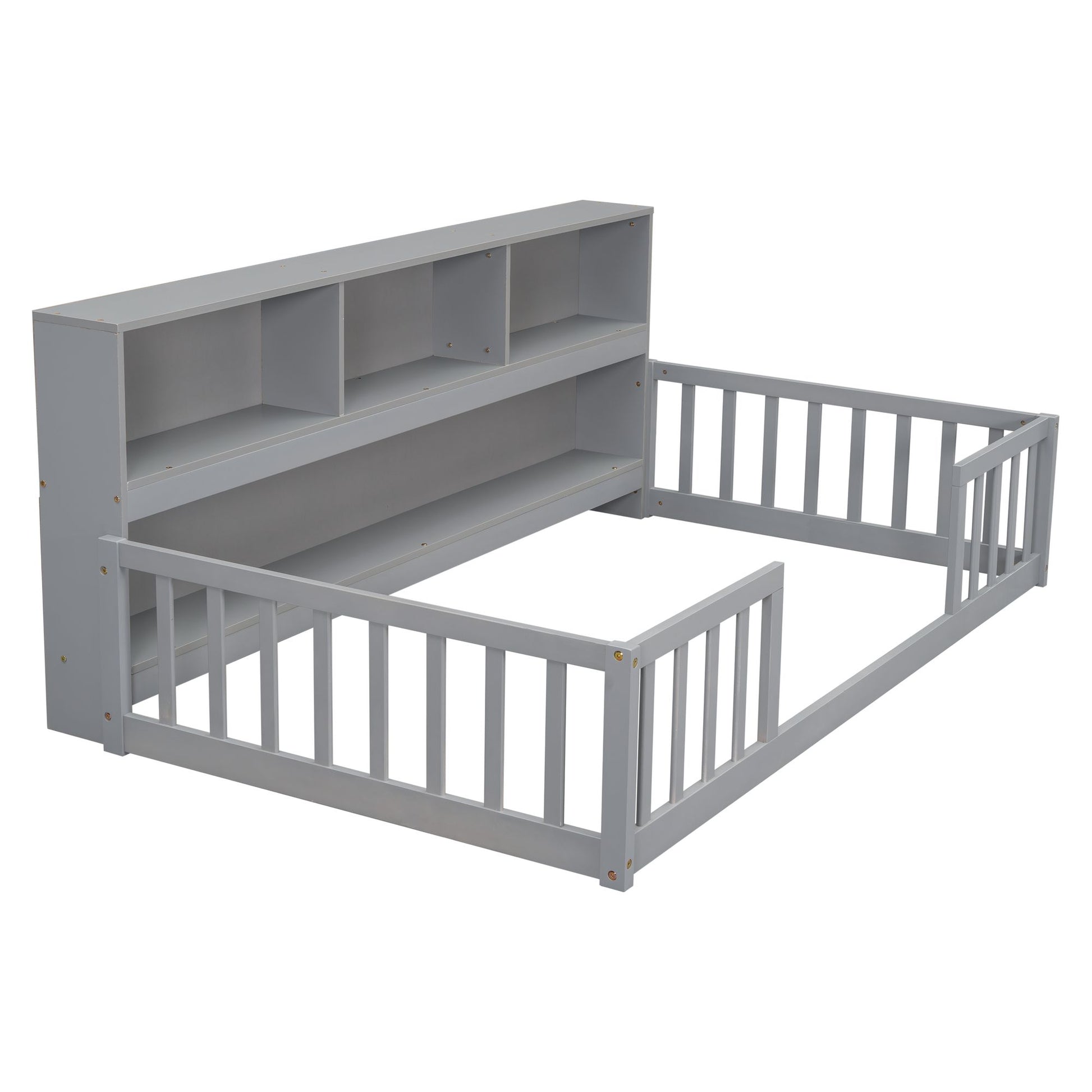 Twin Floor Bed with Bedside Bookcase,Shelves,Guardrails,Grey image 17