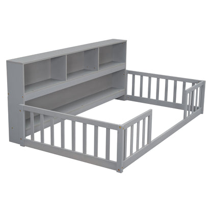 Twin Floor Bed with Bedside Bookcase,Shelves,Guardrails,Grey image 17