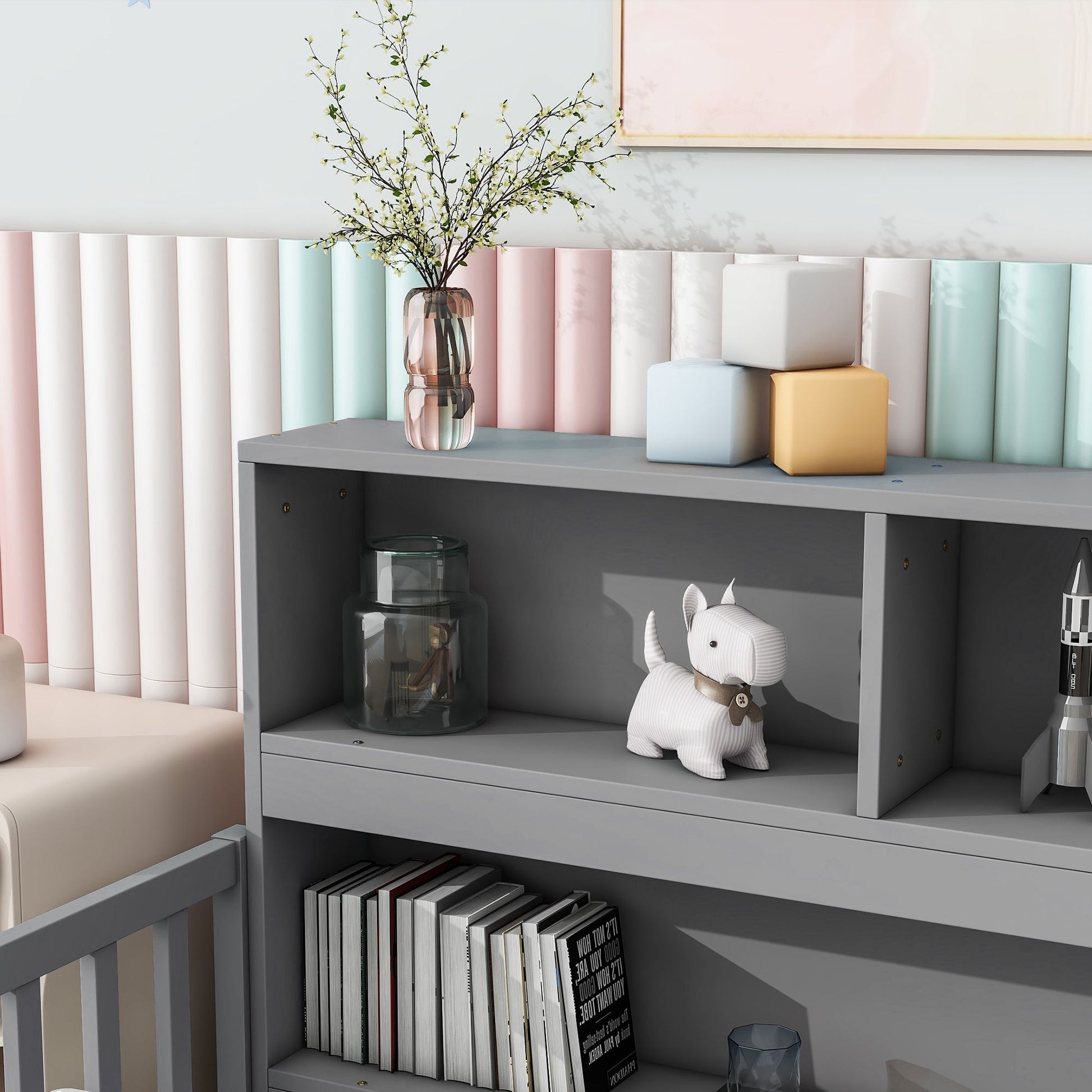 Twin Floor Bed with Bedside Bookcase,Shelves,Guardrails,Grey image 13