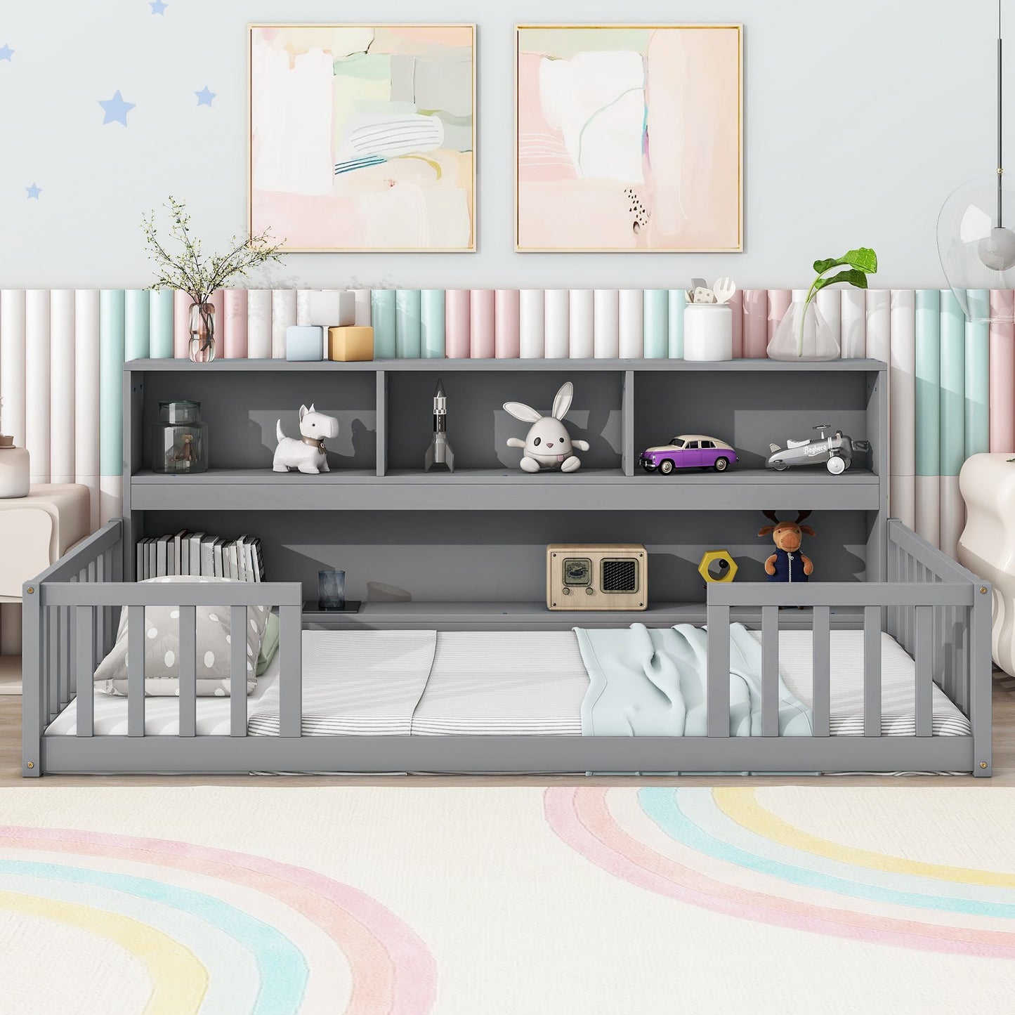 Twin Floor Bed with Bedside Bookcase,Shelves,Guardrails,Grey image 9