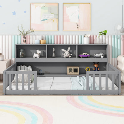 Twin Floor Bed with Bedside Bookcase,Shelves,Guardrails,Grey image 9