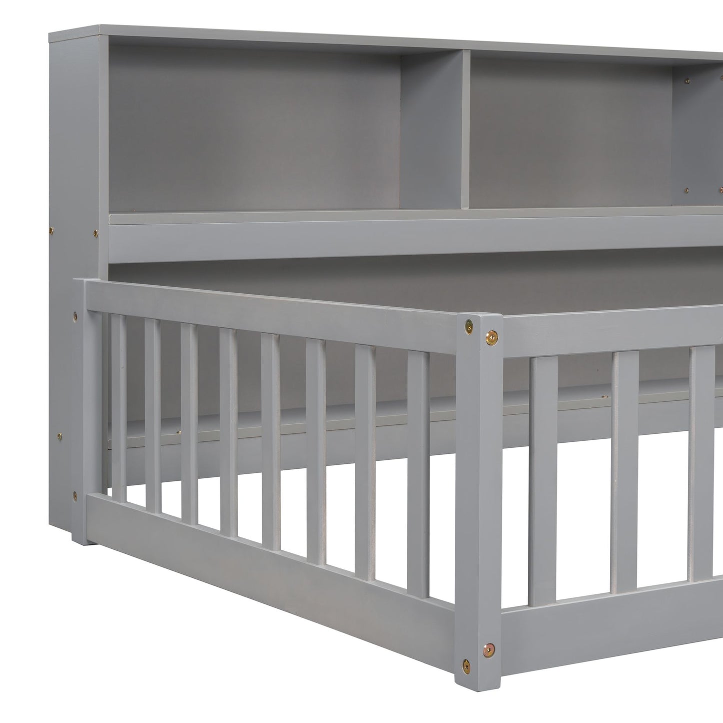 Twin Floor Bed with Bedside Bookcase,Shelves,Guardrails,Grey image 5