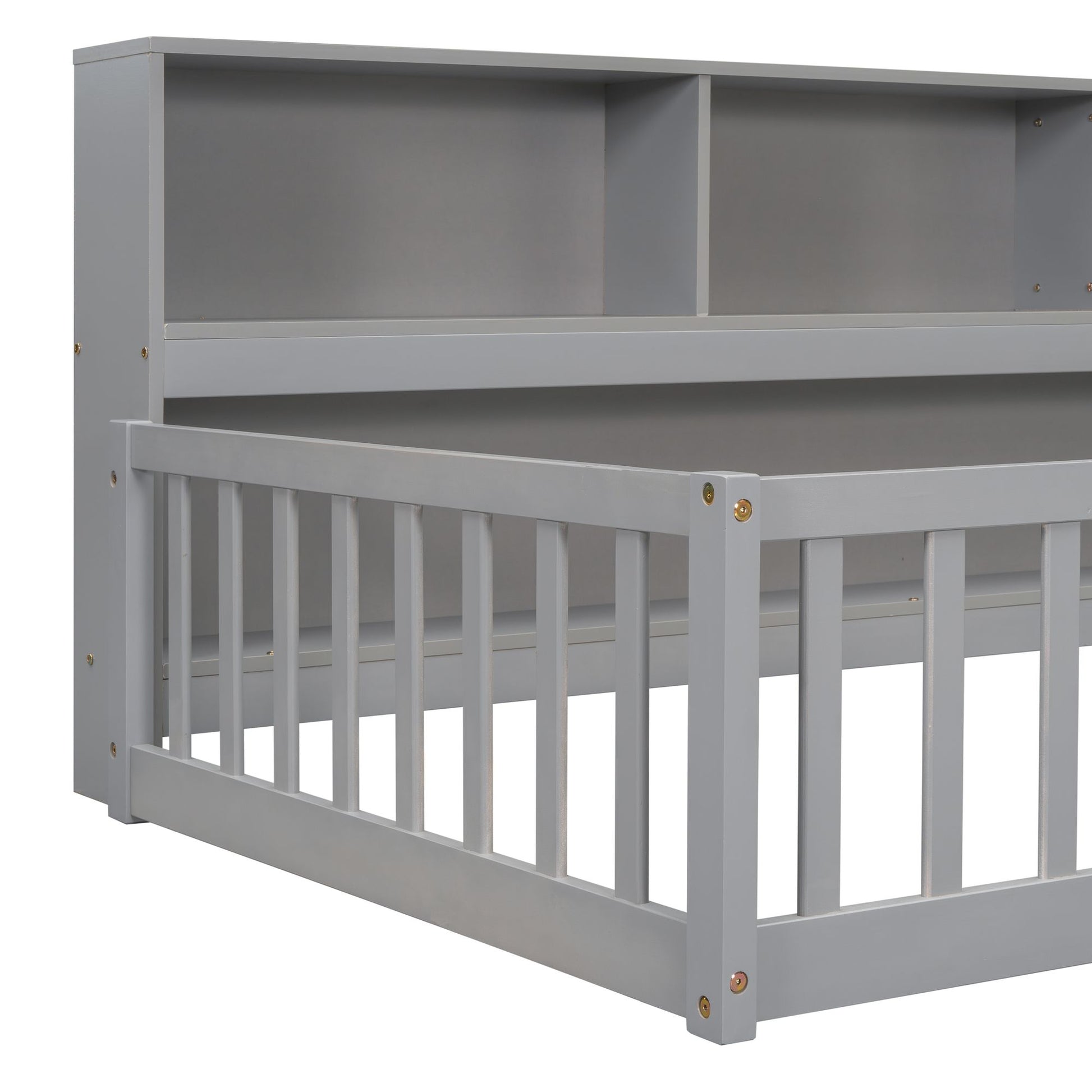 Twin Floor Bed with Bedside Bookcase,Shelves,Guardrails,Grey image 5