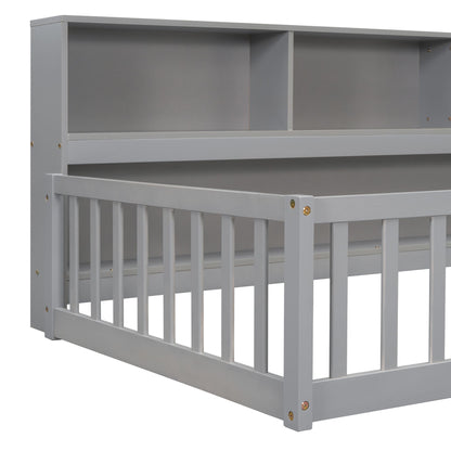 Twin Floor Bed with Bedside Bookcase,Shelves,Guardrails,Grey image 5