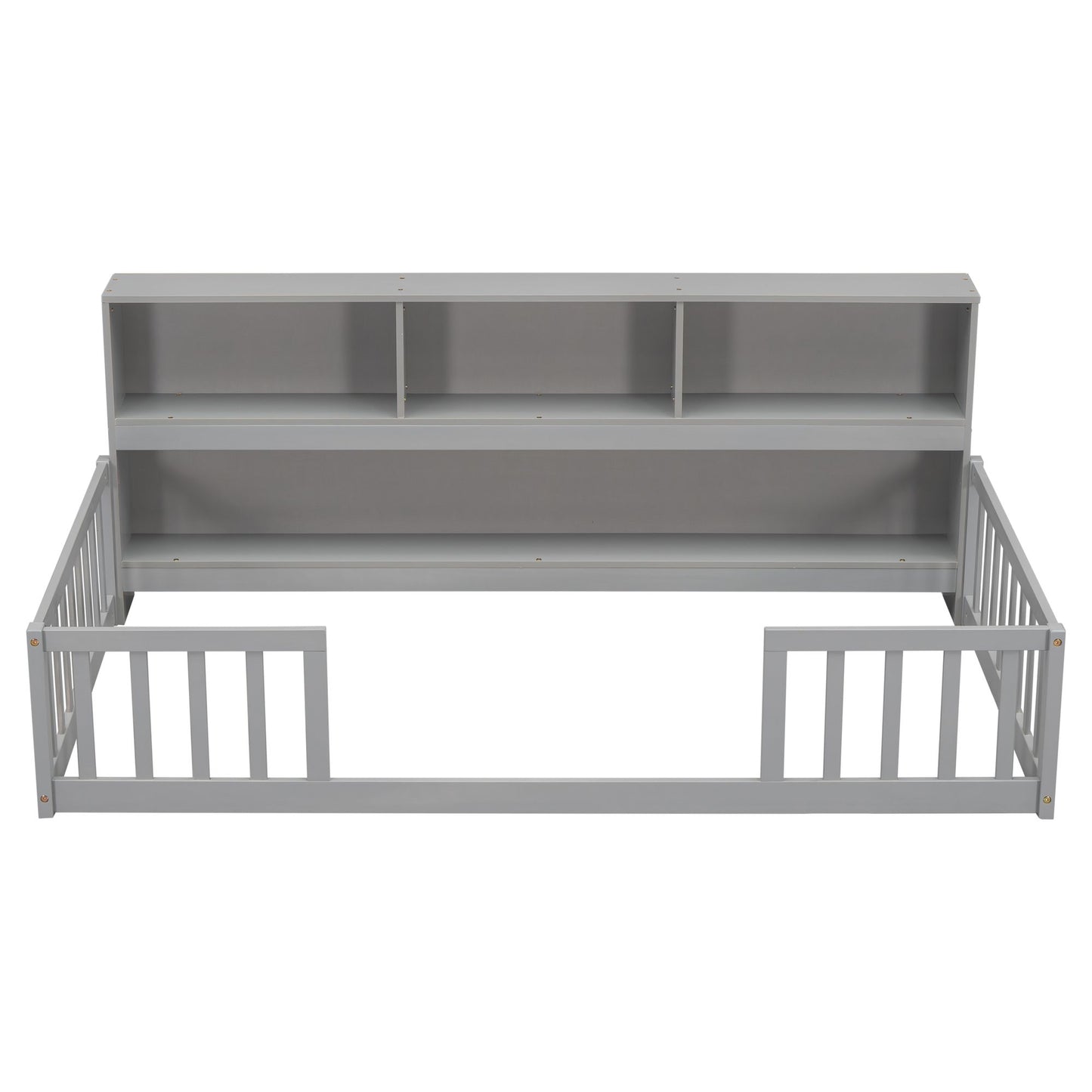 Twin Floor Bed with Bedside Bookcase,Shelves,Guardrails,Grey image 1