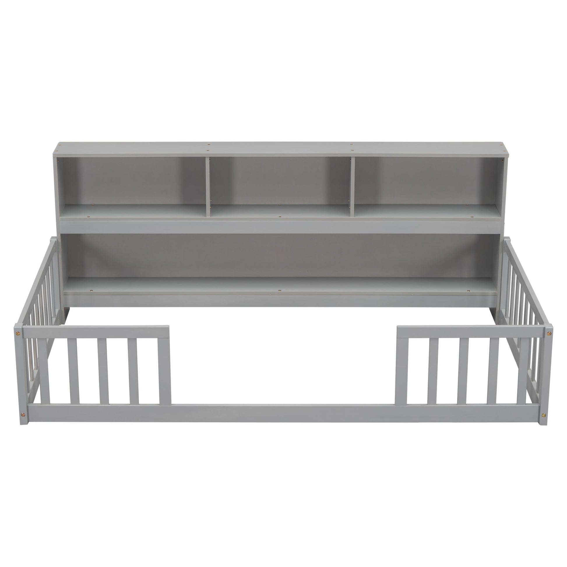 Twin Floor Bed with Bedside Bookcase,Shelves,Guardrails,Grey image 1