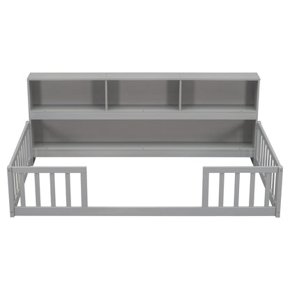 Twin Floor Bed with Bedside Bookcase,Shelves,Guardrails,Grey image 1