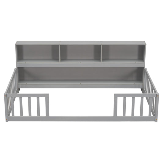 Twin Floor Bed with Bedside Bookcase,Shelves,Guardrails,Grey image 1