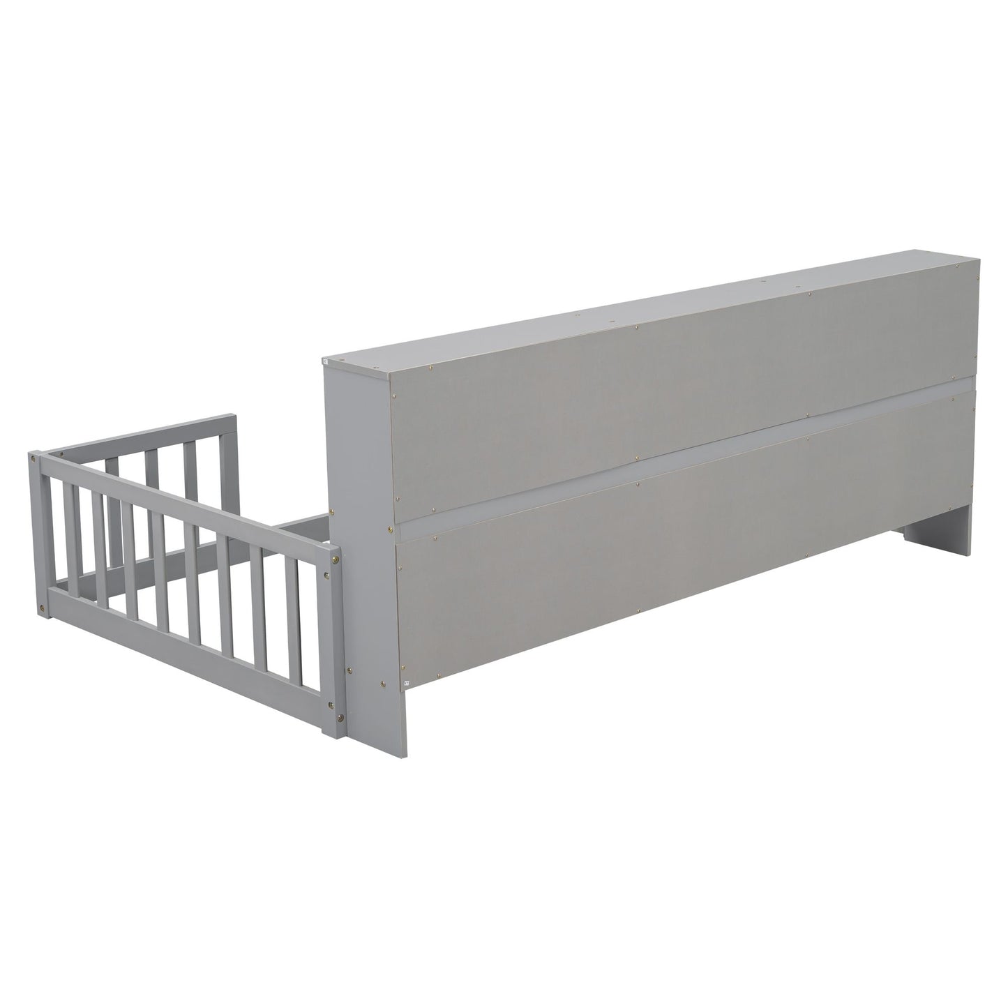 Twin Floor Bed with Bedside Bookcase,Shelves,Guardrails,Grey image 8