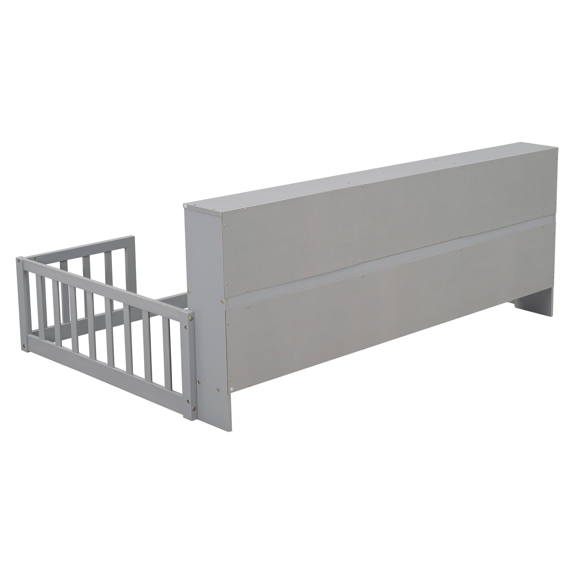 Twin Floor Bed with Bedside Bookcase,Shelves,Guardrails,Grey image 8