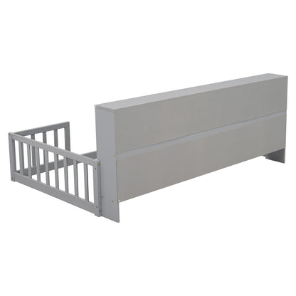 Twin Floor Bed with Bedside Bookcase,Shelves,Guardrails,Grey image 8