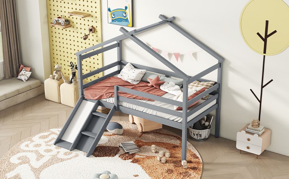 Twin Low Loft House Bed with Slide, Ladder, Safety Guardrails, House Roof Frame,Grey image 16