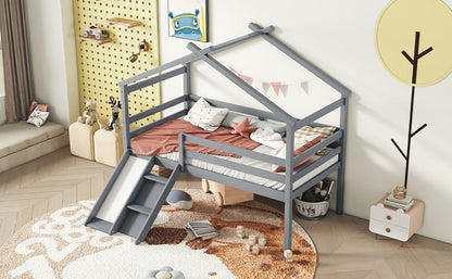 Twin Low Loft House Bed with Slide, Ladder, Safety Guardrails, House Roof Frame,Grey image 16