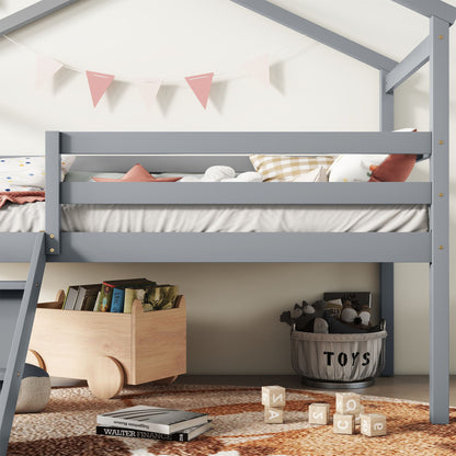Twin Low Loft House Bed with Slide, Ladder, Safety Guardrails, House Roof Frame,Grey image 11
