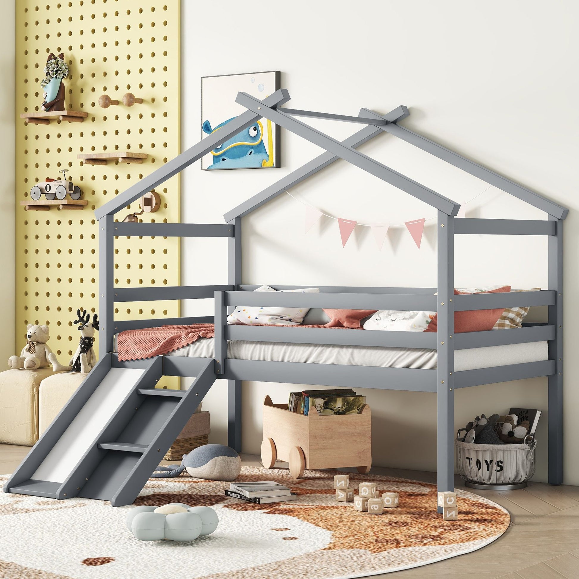 Twin Low Loft House Bed with Slide, Ladder, Safety Guardrails, House Roof Frame,Grey image 8