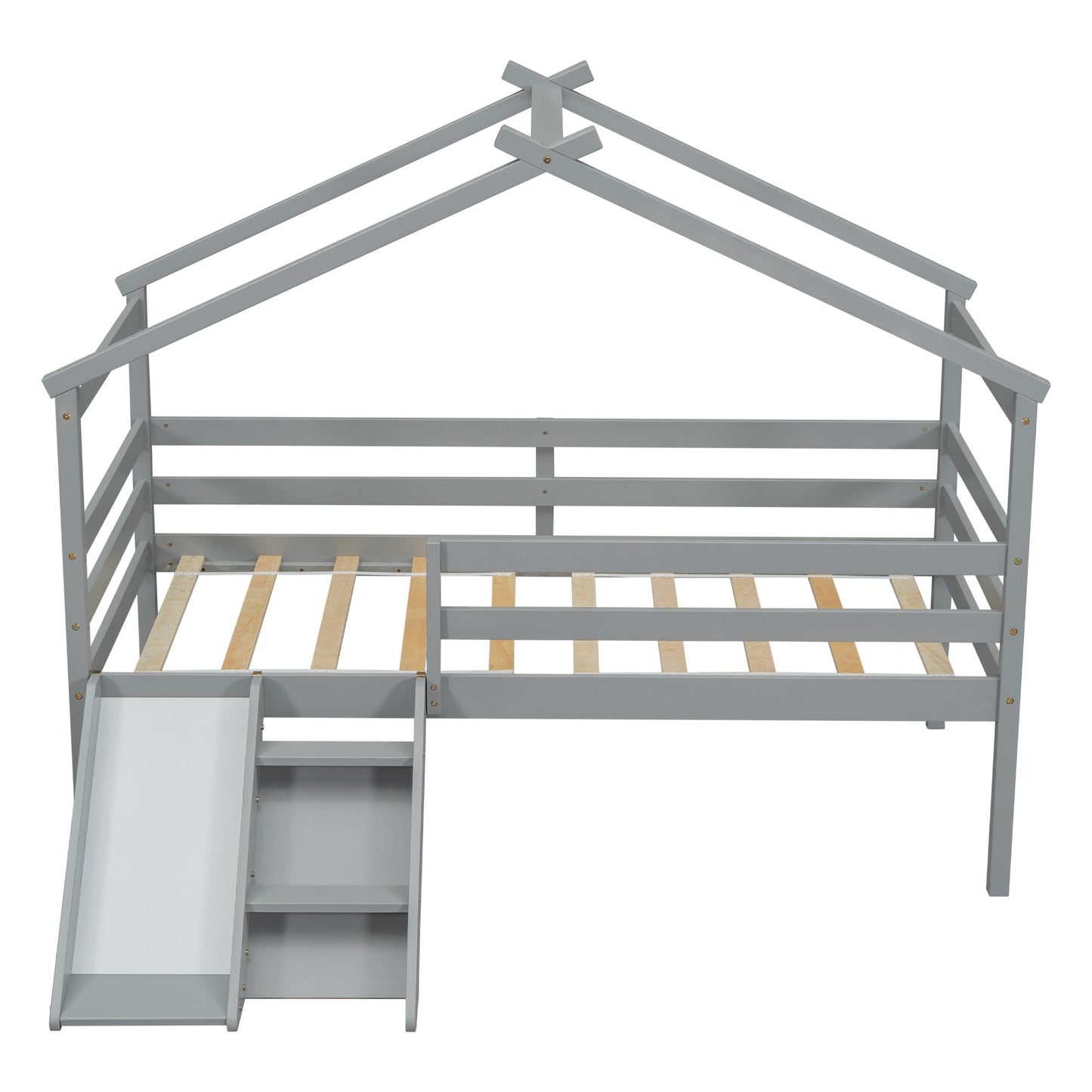 Twin Low Loft House Bed with Slide, Ladder, Safety Guardrails, House Roof Frame,Grey image 2