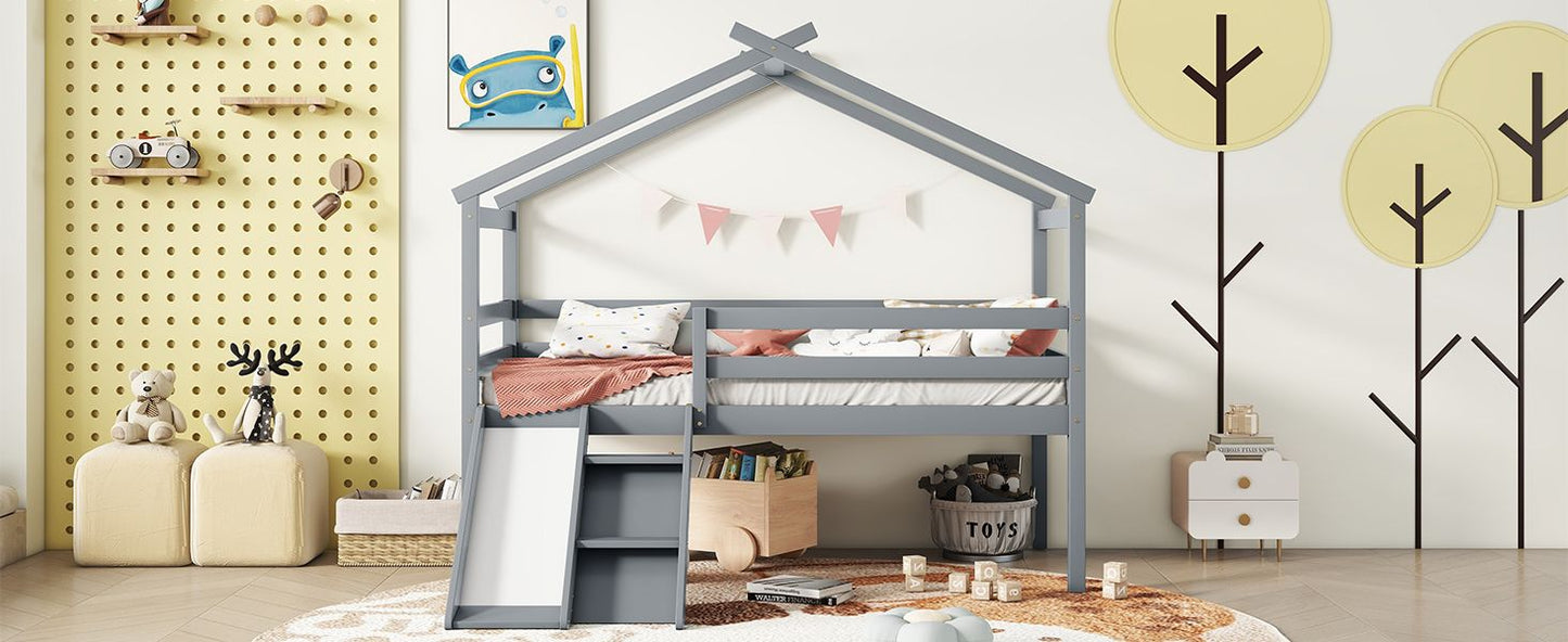 Twin Low Loft House Bed with Slide, Ladder, Safety Guardrails, House Roof Frame,Grey image 17
