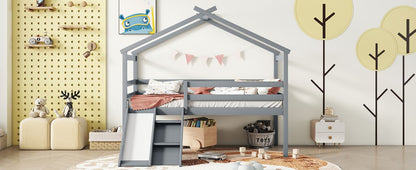 Twin Low Loft House Bed with Slide, Ladder, Safety Guardrails, House Roof Frame,Grey image 17
