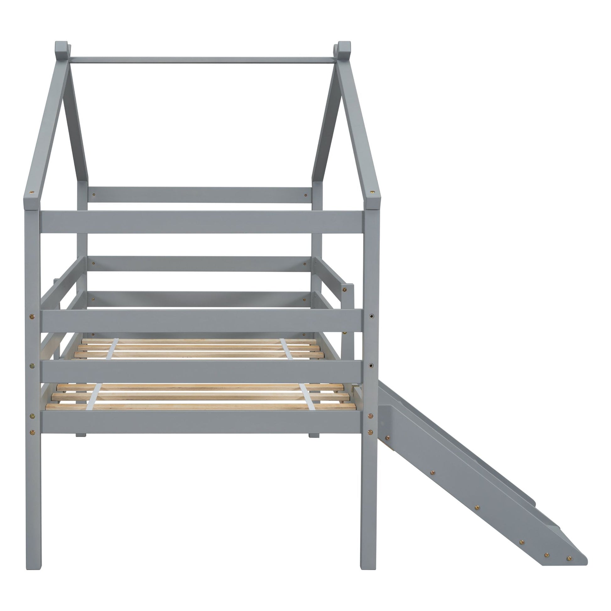 Twin Low Loft House Bed with Slide, Ladder, Safety Guardrails, House Roof Frame,Grey image 1