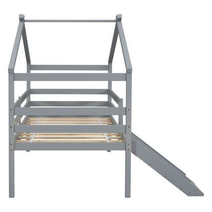 Twin Low Loft House Bed with Slide, Ladder, Safety Guardrails, House Roof Frame,Grey image 1