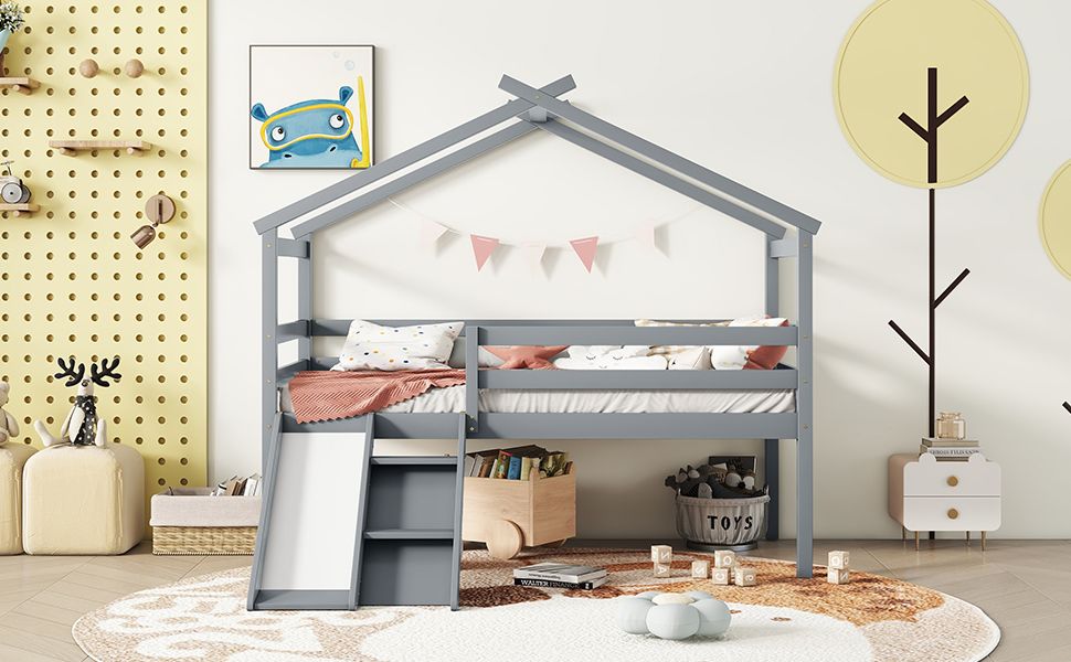 Twin Low Loft House Bed with Slide, Ladder, Safety Guardrails, House Roof Frame,Grey image 14