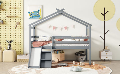 Twin Low Loft House Bed with Slide, Ladder, Safety Guardrails, House Roof Frame,Grey image 14