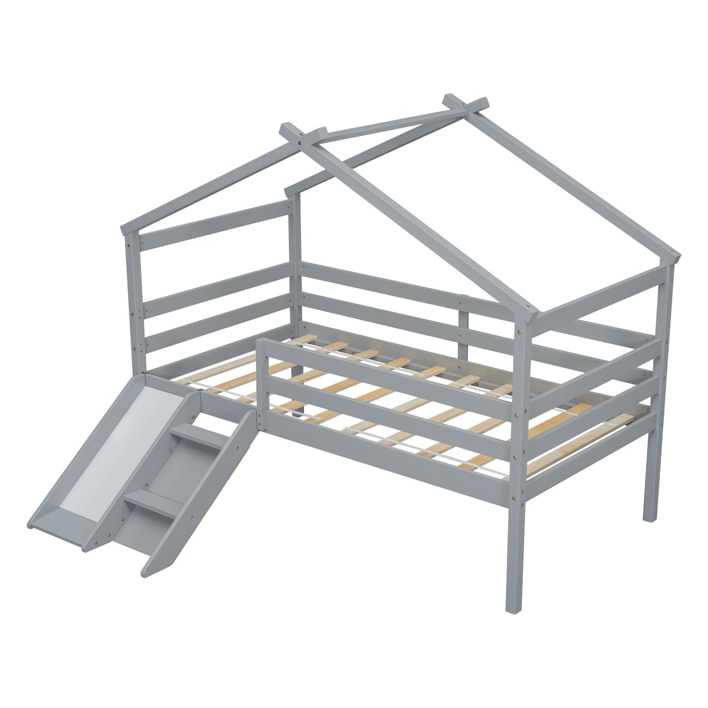 Twin Low Loft House Bed with Slide, Ladder, Safety Guardrails, House Roof Frame,Grey image 6