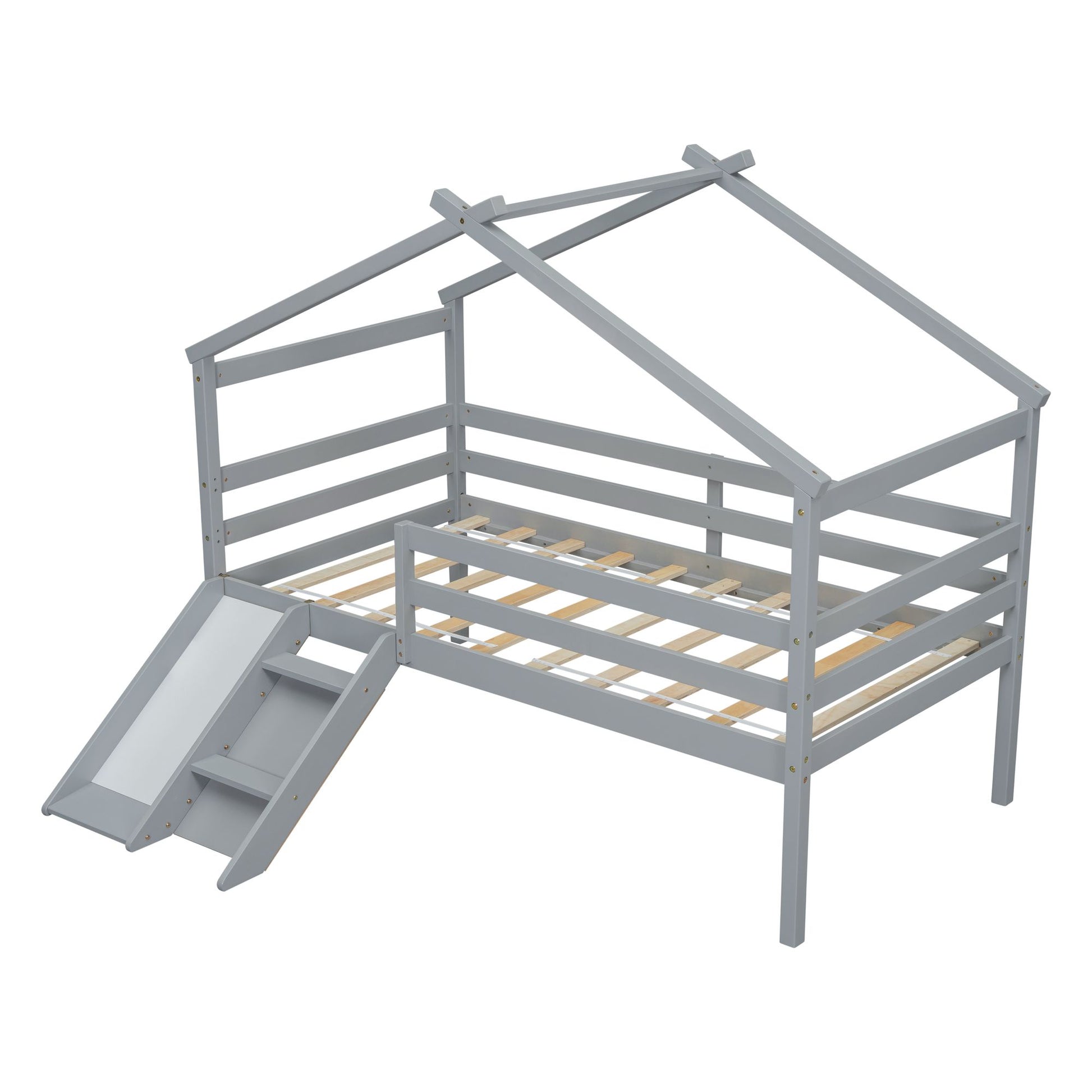 Twin Low Loft House Bed with Slide, Ladder, Safety Guardrails, House Roof Frame,Grey image 6
