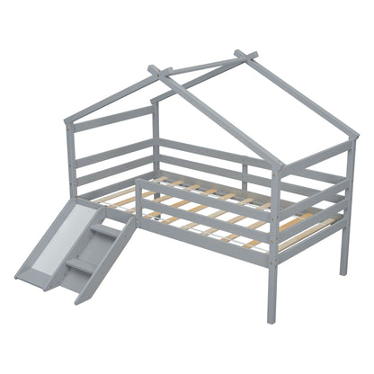 Twin Low Loft House Bed with Slide, Ladder, Safety Guardrails, House Roof Frame,Grey image 6