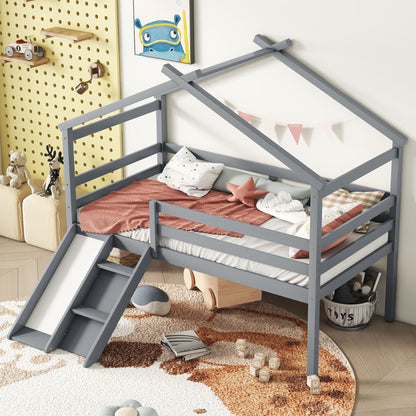 Twin Low Loft House Bed with Slide, Ladder, Safety Guardrails, House Roof Frame,Grey image 10