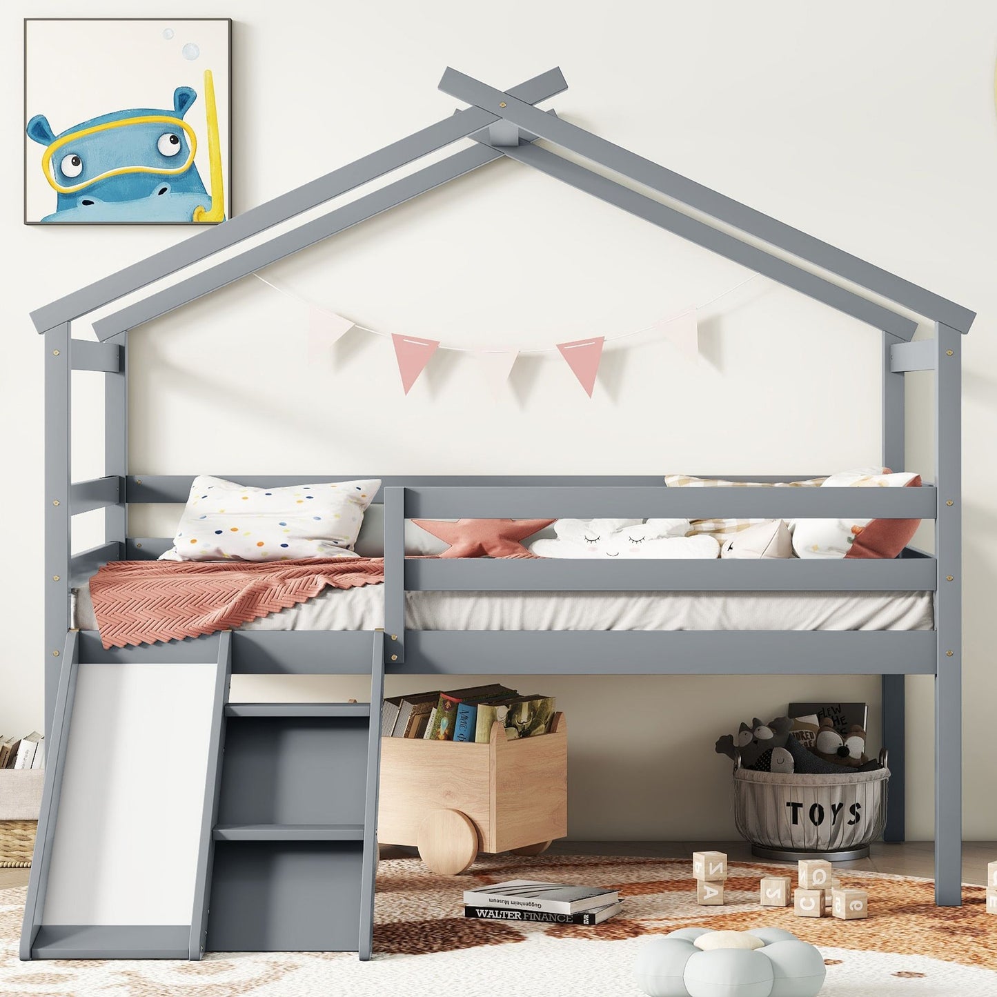 Twin Low Loft House Bed with Slide, Ladder, Safety Guardrails, House Roof Frame,Grey image 9