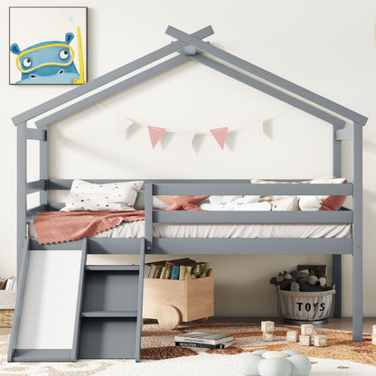 Twin Low Loft House Bed with Slide, Ladder, Safety Guardrails, House Roof Frame,Grey image 9