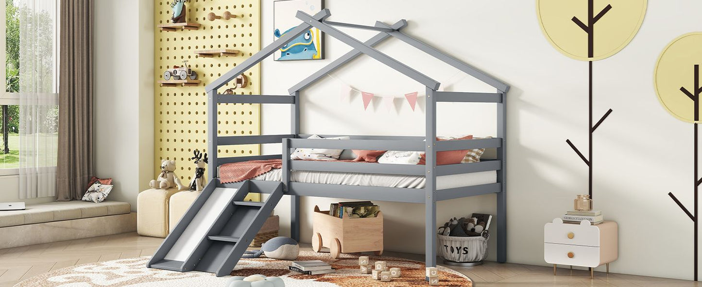 Twin Low Loft House Bed with Slide, Ladder, Safety Guardrails, House Roof Frame,Grey image 18