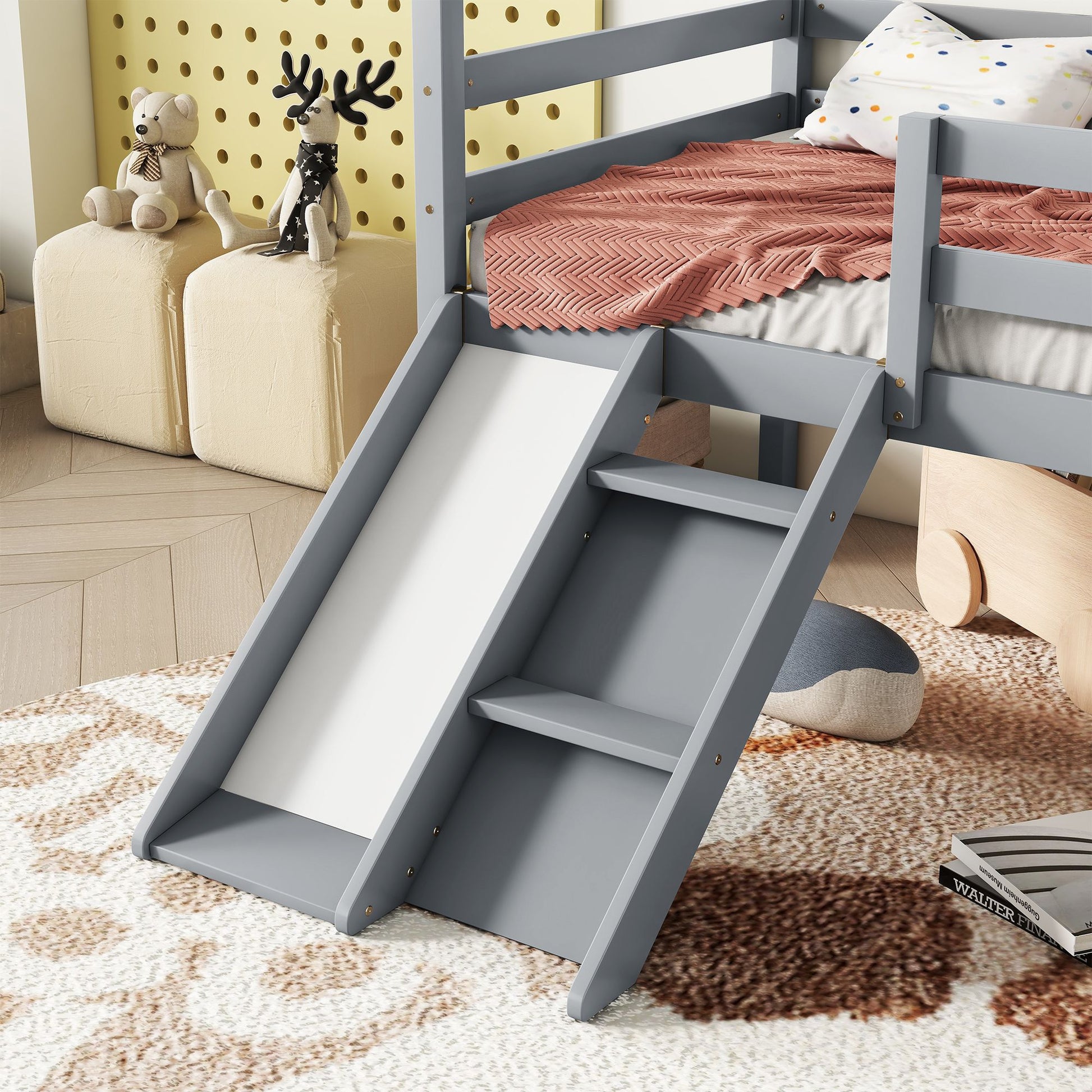 Twin Low Loft House Bed with Slide, Ladder, Safety Guardrails, House Roof Frame,Grey image 13