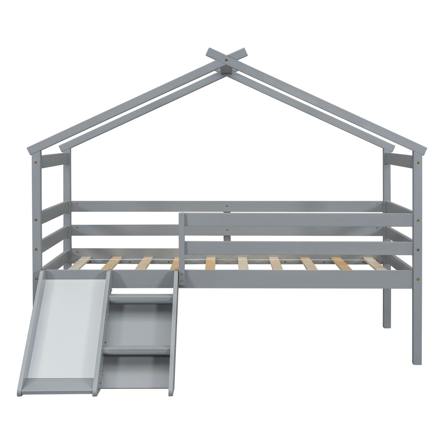 Twin Low Loft House Bed with Slide, Ladder, Safety Guardrails, House Roof Frame,Grey image 4
