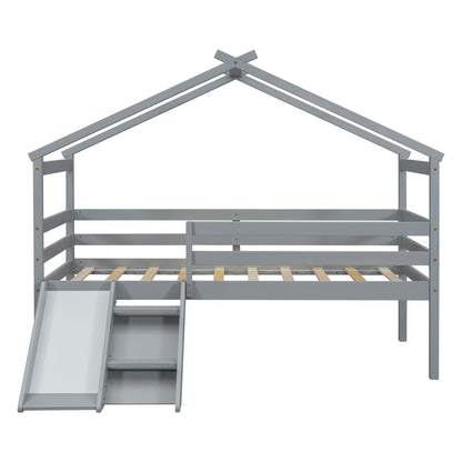 Twin Low Loft House Bed with Slide, Ladder, Safety Guardrails, House Roof Frame,Grey image 4