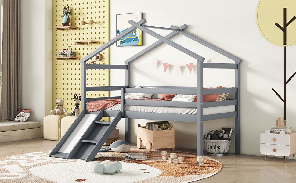 Twin Low Loft House Bed with Slide, Ladder, Safety Guardrails, House Roof Frame,Grey image 15