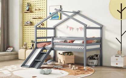 Twin Low Loft House Bed with Slide, Ladder, Safety Guardrails, House Roof Frame,Grey image 15