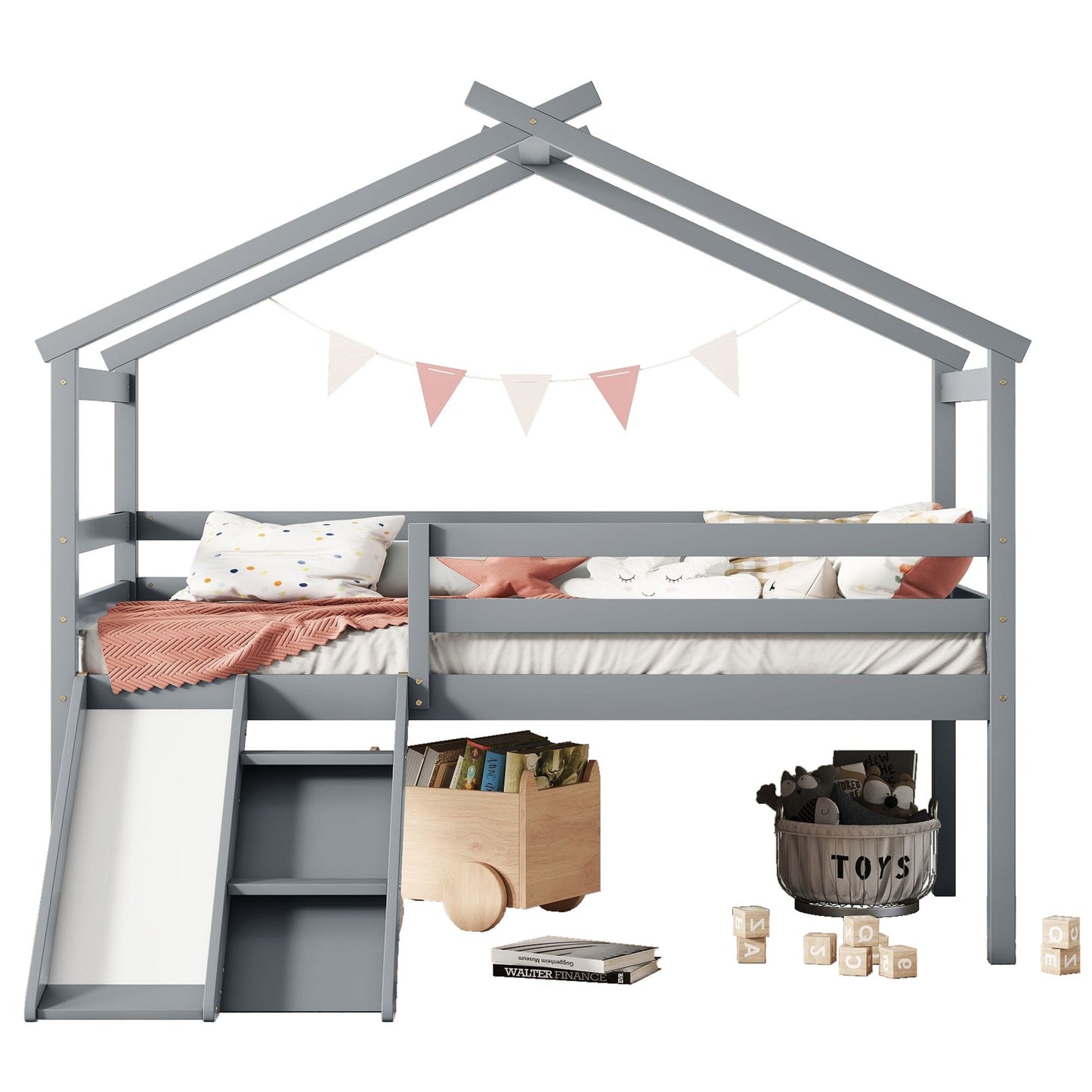 Twin Low Loft House Bed with Slide, Ladder, Safety Guardrails, House Roof Frame,Grey image 20
