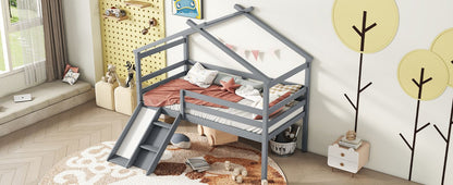 Twin Low Loft House Bed with Slide, Ladder, Safety Guardrails, House Roof Frame,Grey image 19