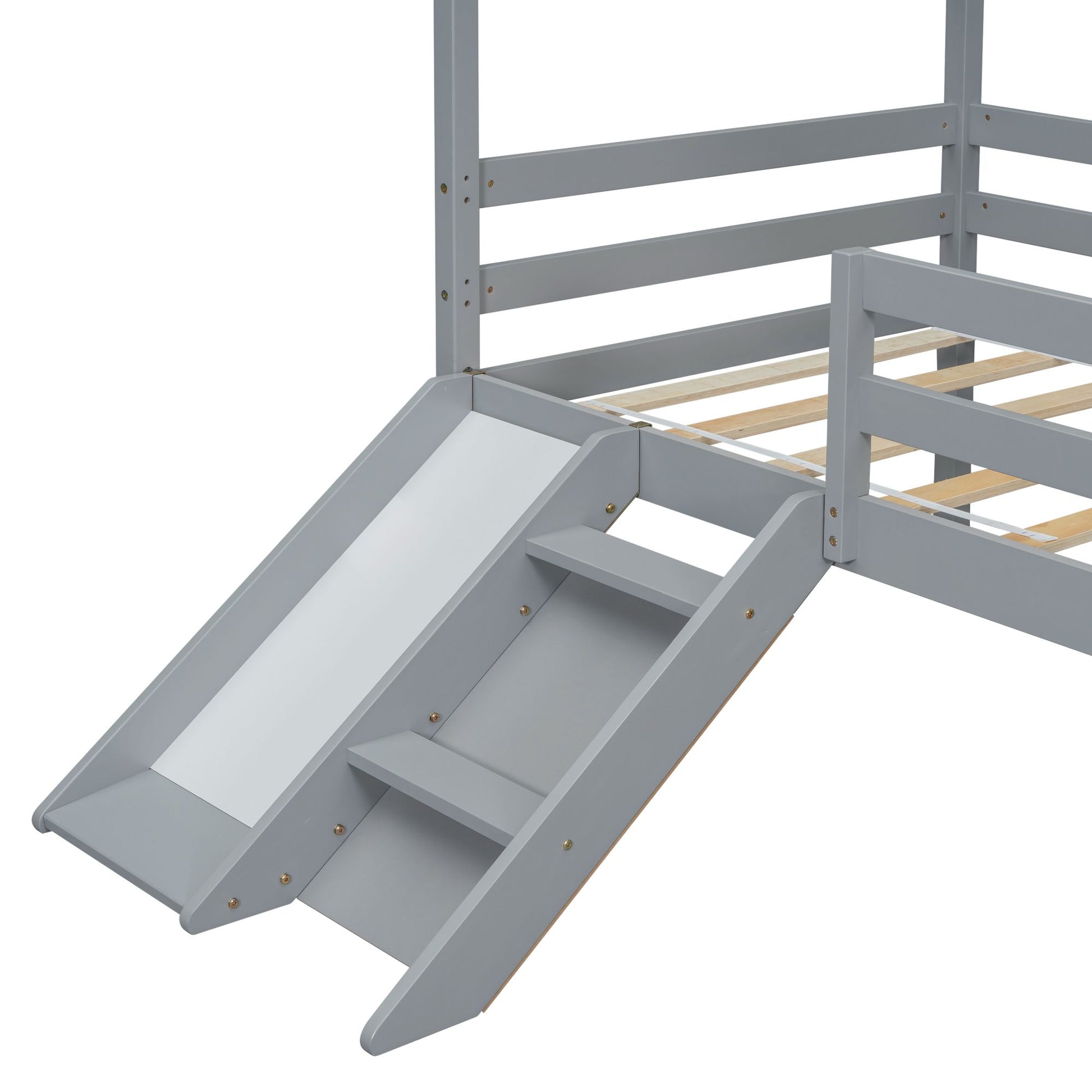Twin Low Loft House Bed with Slide, Ladder, Safety Guardrails, House Roof Frame,Grey image 5
